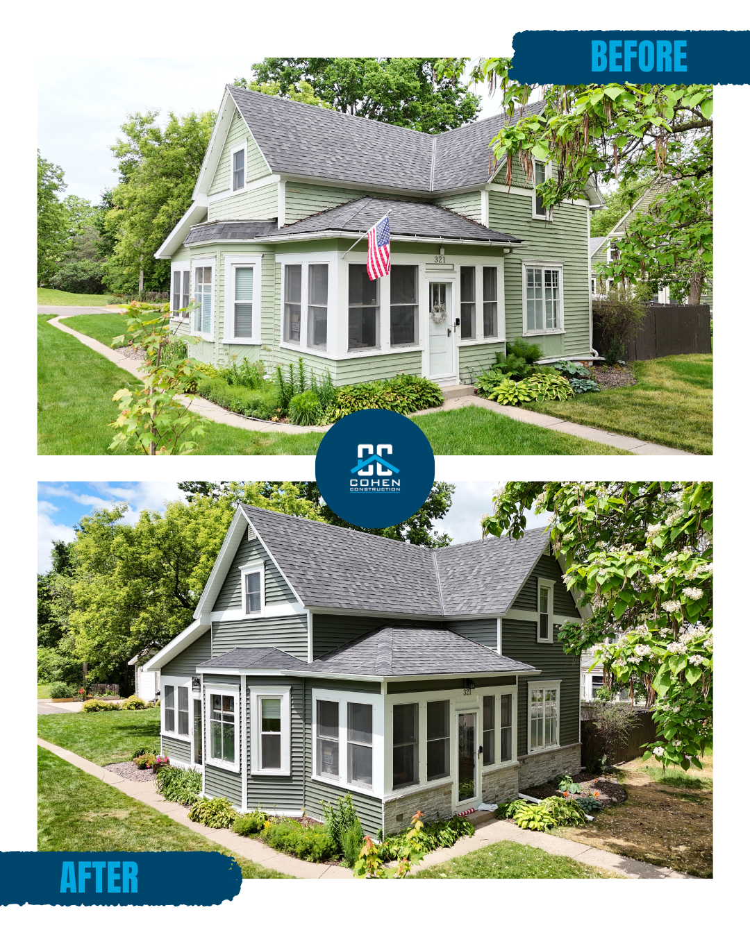 Before and after of a Delano, MN home exterior remodeled by Cohen Construction